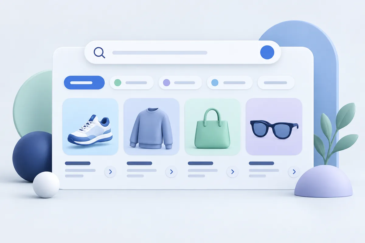 Abstract product directory interface with shoes, clothing, bags and glasses categories